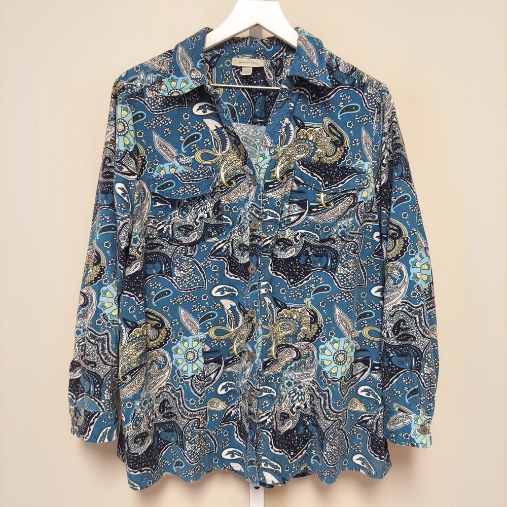 Dressbarn Womens Corduroy Button Down Shirt Blue Paisley Long Sleeve Size 18 20